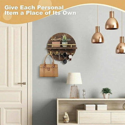 Key Holder for Wall, Key and Mail Holder Organizer with - Key Holder Wall Mount - Round Wooden Rustic Home Decor for Entryway