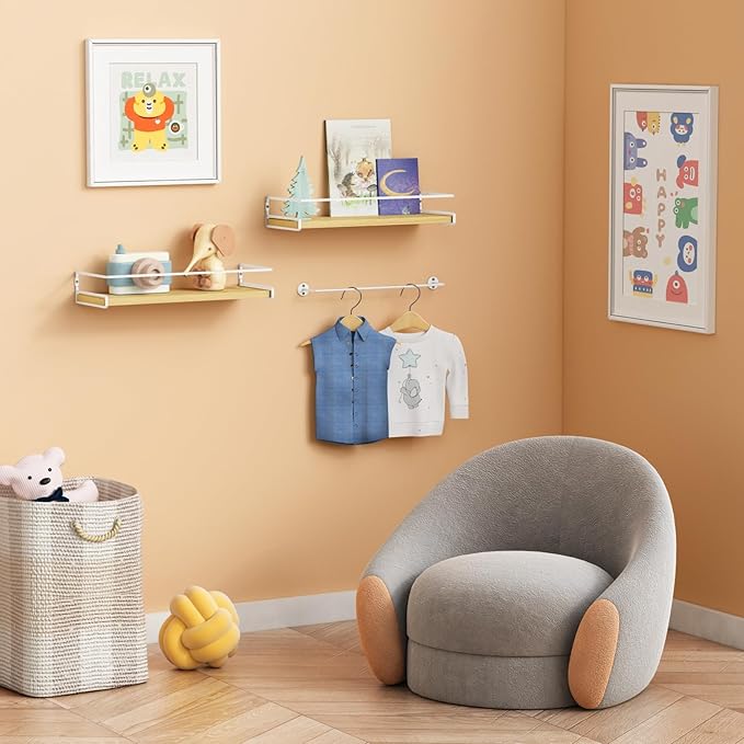 Forbena Floating Shelves for Wall with Rail, White and Natural Wood Nursery Book Shelves for Baby Girls Boys Kids Room Bedroo