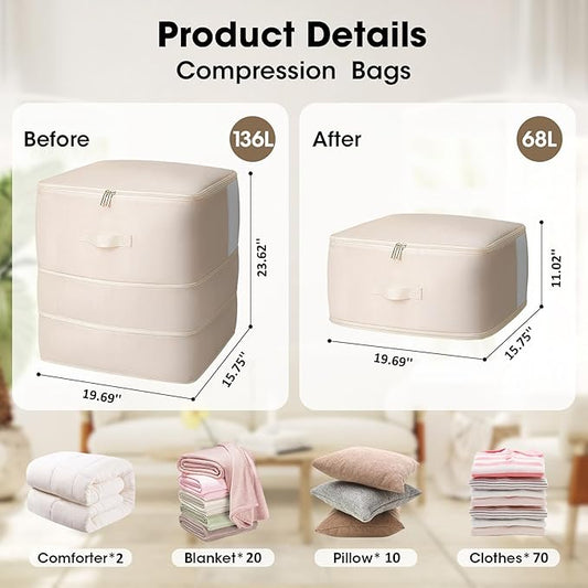 2 Pack Comforter Storage Bag, 136L Blanket Storage Bags Self Compression Comforter Organizer and Storages, Space Saving Washa