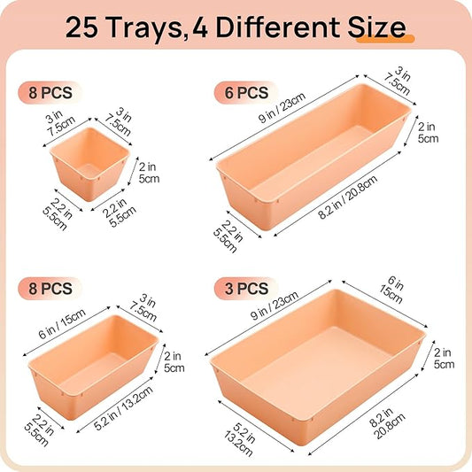 Vtopmart 25 PCS Plastic Drawer Organizers Set, 4-Size Versatile Bathroom and Vanity Drawer Organizer Trays, Storage Bins for 