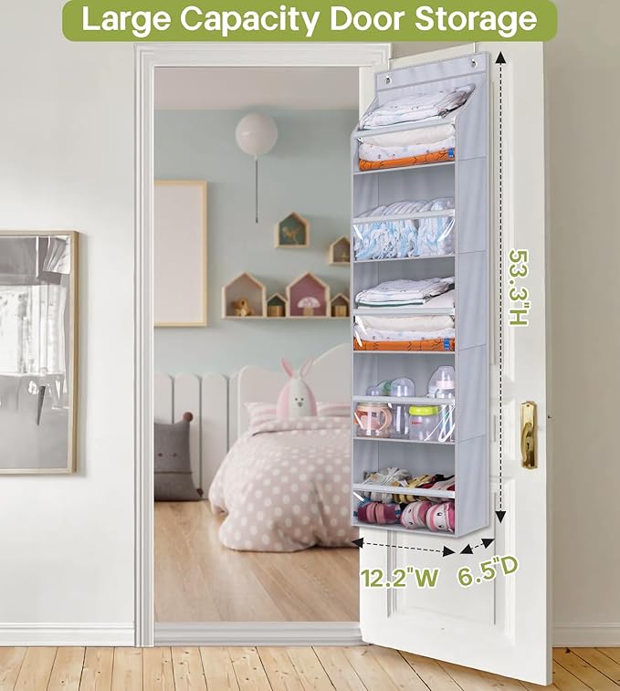 AOODA Over the Door Organizer, Large Capacity Closet Door Hanging Organizer, Clear Deep Pockets Baby Storage for Nursery, Bat