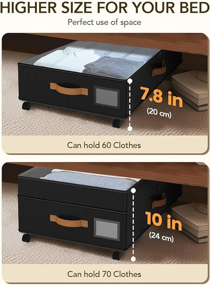 Under Bed Storage with Wheels, 72L XXL Under the Bed Storage Containers Large, 10‘’ Tall Adjustable Storage for Underbed with