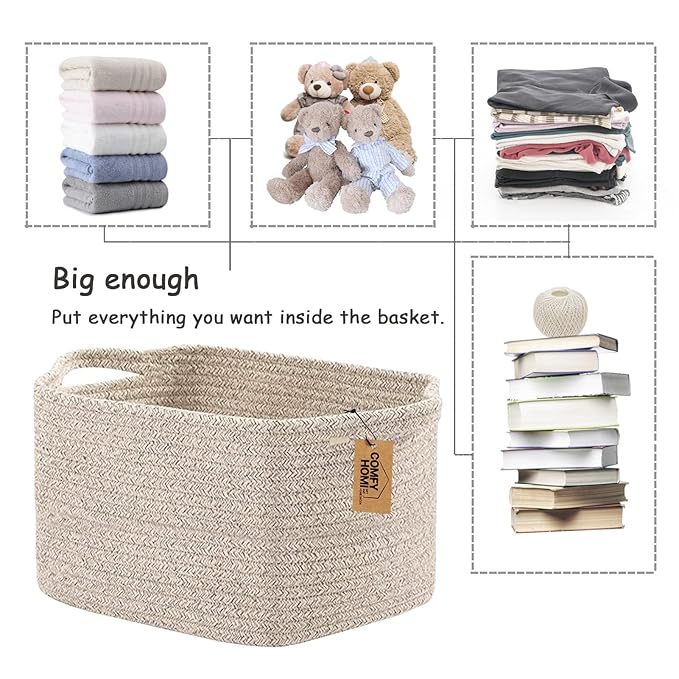 COMFY-HOMI 3PACK Cotton Rope Woven Basket With Handles for Shelves, Toy, Book, Cloth Storage Basket for Organizing|13.5" x 11