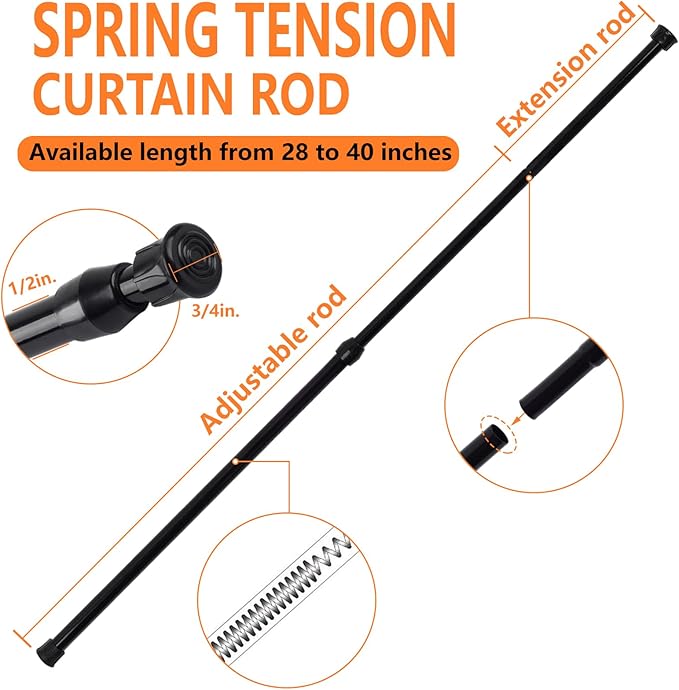 KXLife 6Pcs Spring Tension Curtain Rod, 28 to 40 Inch Adjustable Expendable Tension Rods for Windows, Black Spring Loaded Cur