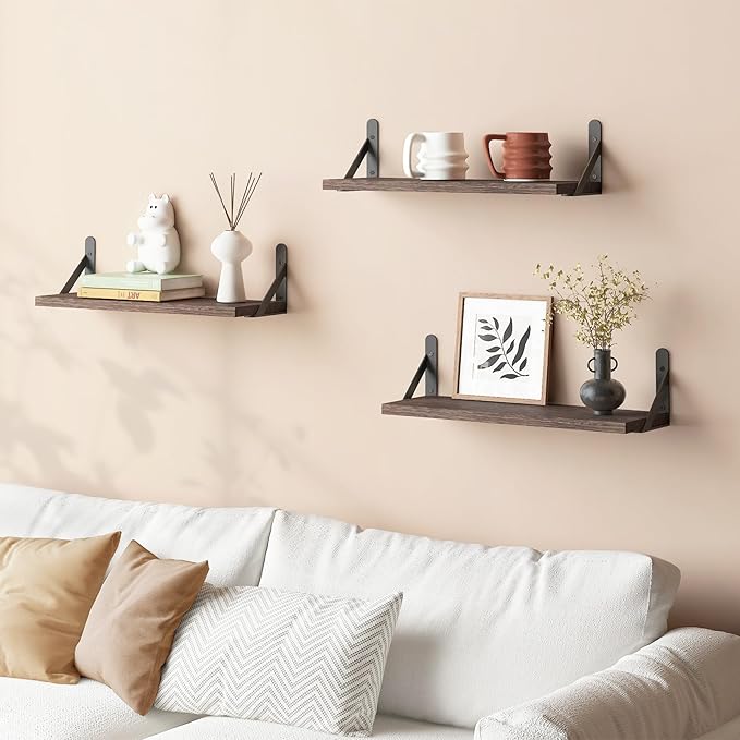 YGEOMER Brown Floating Shelves for Wall, 16.5 Inch Farmhouse Wall Shelves for Bedroom, Bathroom Storage, Living Room and Kitc