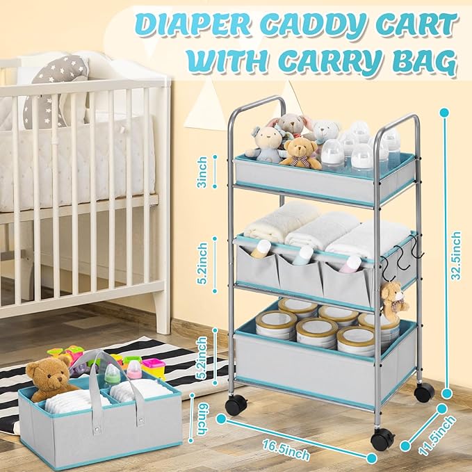 FoldTier 2in1 Colorful Baby Diaper Caddy Organizer Cart 3 Tier Large Capacity Metal Utility Bedside Rolling Cart with Divider