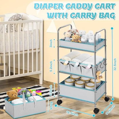 FoldTier 2in1 Colorful Baby Diaper Caddy Organizer Cart 3 Tier Large Capacity Metal Utility Bedside Rolling Cart with Divider
