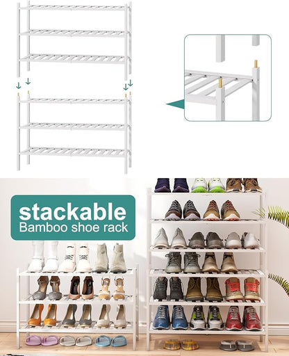 viewcare White Shoe Rack, 3-Tier Bamboo Wood Shoe Rack for Closet, Entryway & Hallway, and Stackable Shoe Shelf Storage Organ