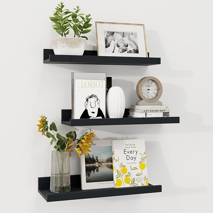 Axeman Picture Ledge Shelf | 16 Inch Black Floating Shelves Set of 3 | Rustic Wood Wall Shelves with Lip | 16" Black Picture 