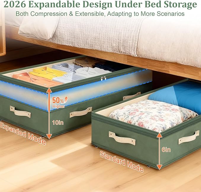 Dolicer 4 Pack Under Bed Storage with Wheels, 6in-10in Height Adjustable Underbed Storage Containers, 92L XXXL Under Bed Draw