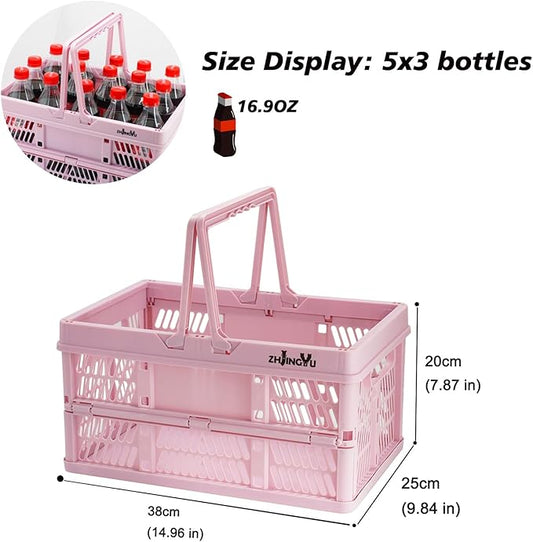 Pink crates for storage,plastic baskets for organizing,14.96" x9.84"x 7.87" collapsible shopping basket,20L foldable crate wi