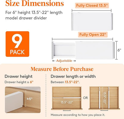 Lifewit 9 Pack 6" High Drawer Dividers 34-56cm/13.5-22" Adjustable Drawer Organizer for Clothes/Utensils, Expandable Drawer S