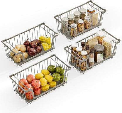 4 Pack Stackable Wire Baskets with Handles for Pantry Organizers and Storage, Fruit and Vegetable wire storage baskets, Potat