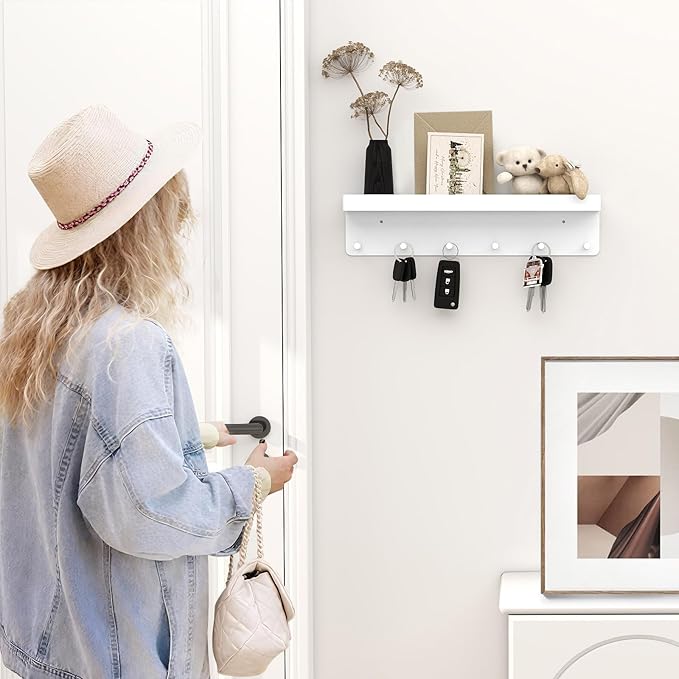 MKO Key Holder for Wall, Mail Organizer and Key Rack Wall Mount with Tray & 6 Hooks for Hallway (White)