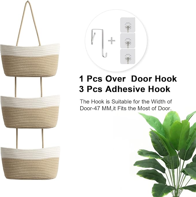 TeoKJ Over the Door Hanging Basket, 3-Tier Woven Cotton Wall-Mounted Storage Organizer Bag Decorative Hanging Nursery Baskets