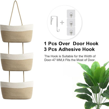 TeoKJ Over the Door Hanging Basket, 3-Tier Woven Cotton Wall-Mounted Storage Organizer Bag Decorative Hanging Nursery Baskets