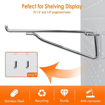 G.CORE Pegboard Shelf Hooks, 10-Pack 8" Silver Peg Board Brackets, 1/4" Peg Board Organizer Accessories, Peg Hooks Assortment