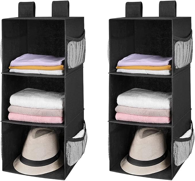 MAX Houser 3-Shelf Hanging Closet Organizers, Collapsible Closet Hanging Shelves for Camper, Nursery Hanging Organizers, Blac