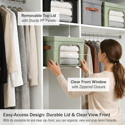 2PCS Large Storage Bins Boxes with Lids Clear Window Zipper Closure Decorative Cotton Linen Fabric Baskets with PU Leather Ha