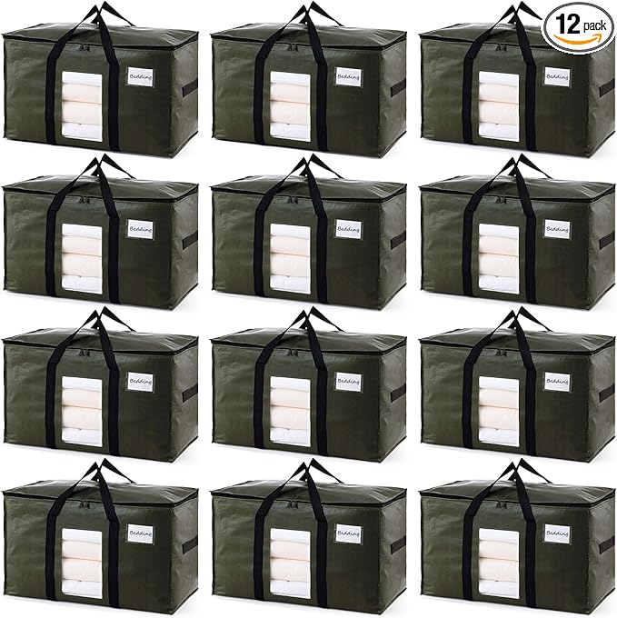 TAILI 12 Pack Green Extra Large Storage Bags, Heavy Duty Totes with Visible Window, Wrap Around Handles, Perfect for Moving a