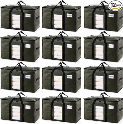 TAILI 12 Pack Green Extra Large Storage Bags, Heavy Duty Totes with Visible Window, Wrap Around Handles, Perfect for Moving a