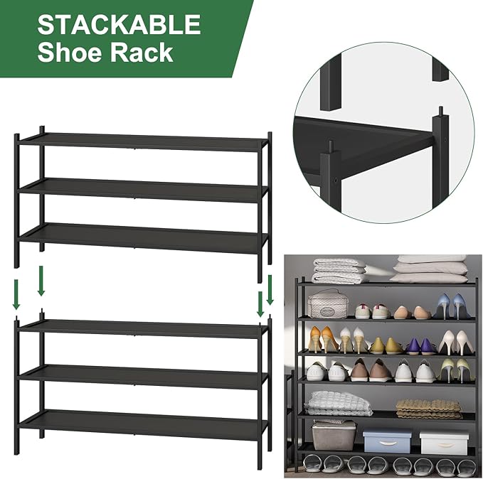 kiplant Black Long Shoe Rack, 3-Tier Bamboo Wood Shoe Rack for Entryway, Stackable | Foldable | Natural, Shoe Organizer for H