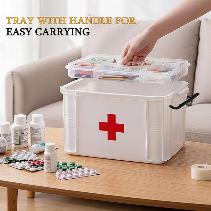 2 Pack Clear Medicine Organizer Box with Handle, Plastic Medicine Container with Tray First Aid Box Empty, Thickened Medicine