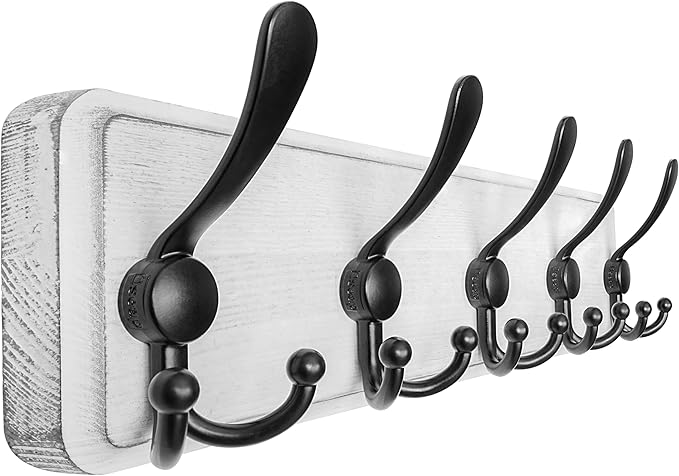 Dseap Coat Rack Wall Mounted - 5 Tri Hooks, Heavy Duty, Wooden Wall Coat Hanger Coat Hook for Clothes Hat Jacket Clothing, Wh
