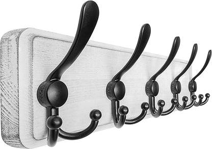 Dseap Coat Rack Wall Mounted - 5 Tri Hooks, Heavy Duty, Wooden Wall Coat Hanger Coat Hook for Clothes Hat Jacket Clothing, Wh