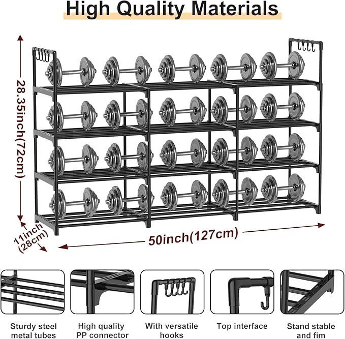 3 Row 4 Tier Long Shoe Rack, Black Metal Stackable Shoe Shelf with Multifunctional Hooks, Shoe Storage Hold 24-30 Pairs, Spac