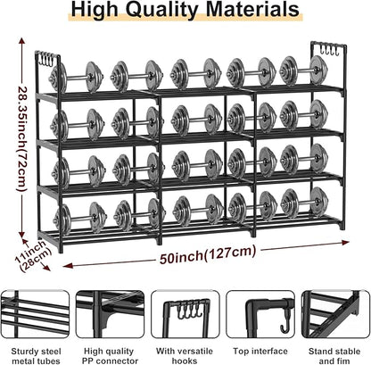 3 Row 4 Tier Long Shoe Rack, Black Metal Stackable Shoe Shelf with Multifunctional Hooks, Shoe Storage Hold 24-30 Pairs, Spac