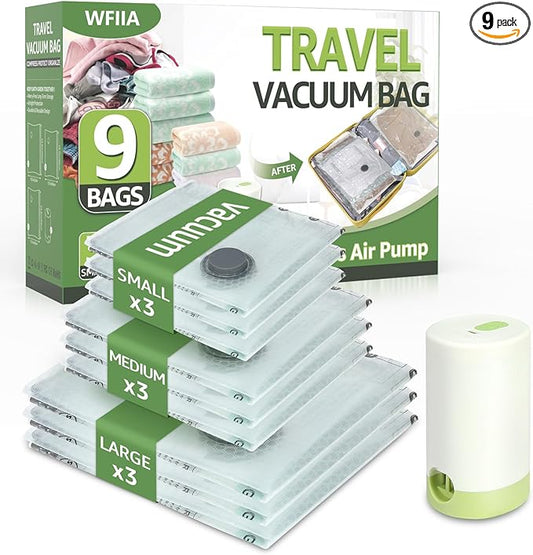 Vacuum Bags for Travel with Rechargeable air Pump, 3 Sizes Vacuum Seal Bags for Clothing, Space-Saving Compression Storage Ba