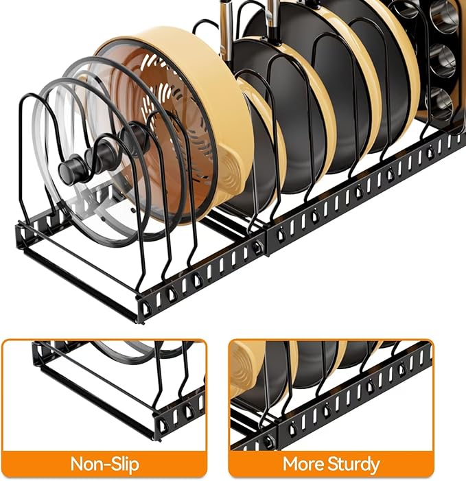 Pot and Pan Organizer Rack for Cabinet, 3 Expandable Pot Lid Organizer Holder with 12 Adjustable Compartment for Kitchen Cutting Board, Pan Lid, Cabinet Cookware Baking