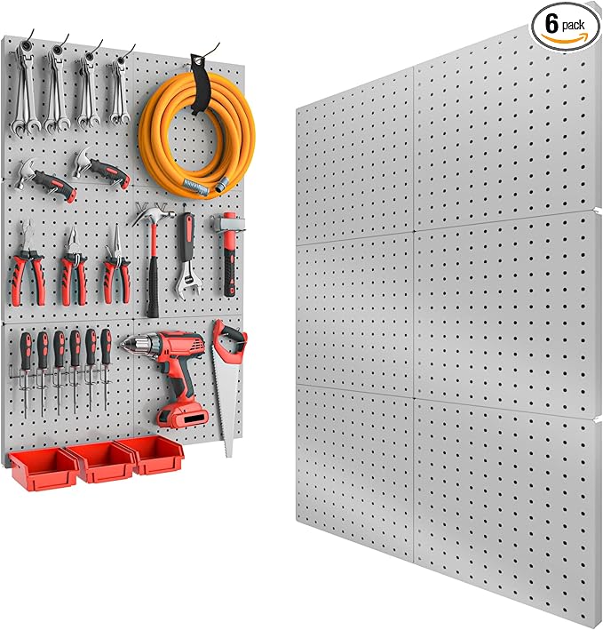 Peg Board, 6PCS Metal Pegboard, Heavy Duty Pegboard Wall Organizer with Frame. Pegboard for Walls, Garage, Workbench, Craft R