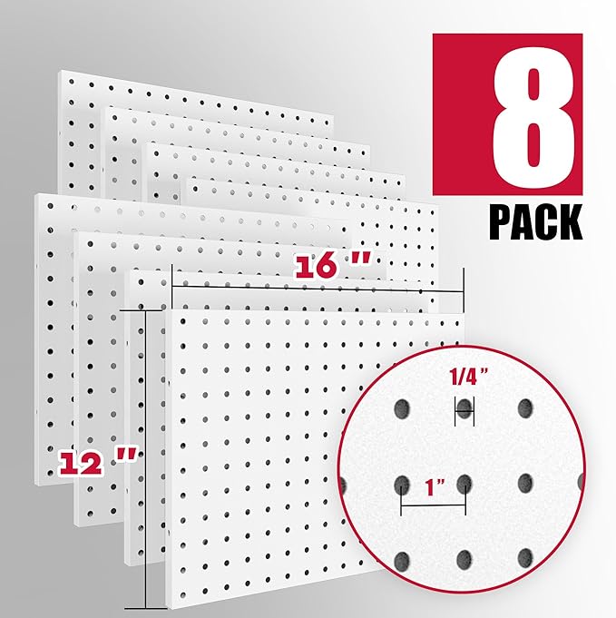 Spampur Peg Board, 8 Pack Metal PegBoard Organizer with Accessories, White Pegboard Panels with 50 Pcs Hooks and Baskets, Wal