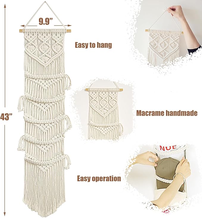 jontell Boho Baseball Cap Hanger-1 Pack-Macrame Hat Organizer for Ball Caps Holder Over Door, Hat Rack for Wall, Cap Rack for