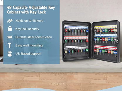 Barska 48-Position Key Cabinet Lock Box – Wall Mount with Key Lock, Adjustable Numbered Hooks & Color-Coded Key Tags for Home