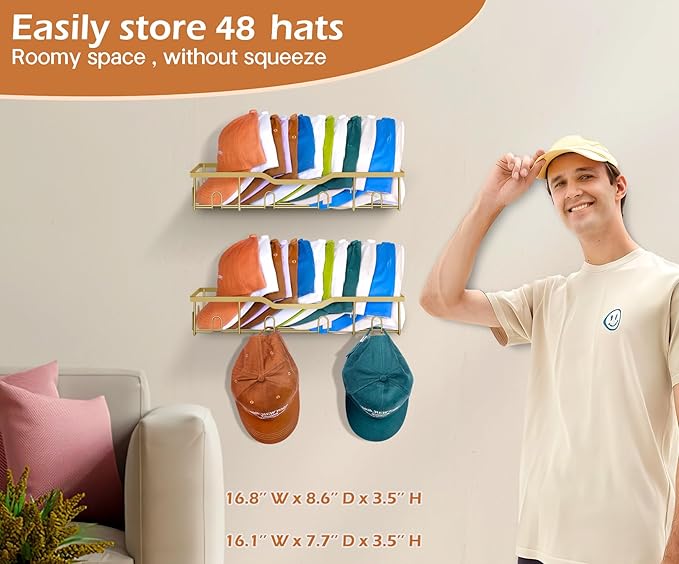 KEETDY Metal Hat Organizer for Baseball Caps Wall Hat Rack Fit 48 Caps Holder, 2 Packs Sturdy Wall Mounted Hat Storage Organi