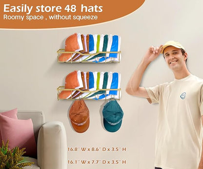 KEETDY Metal Hat Organizer for Baseball Caps Wall Hat Rack Fit 48 Caps Holder, 2 Packs Sturdy Wall Mounted Hat Storage Organi