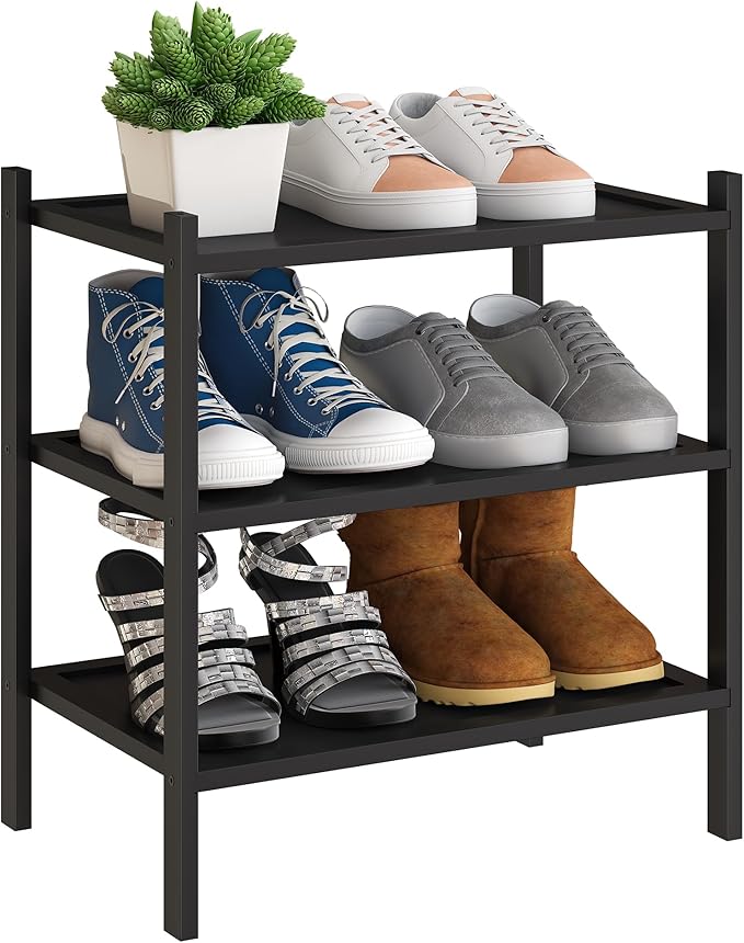 BMOSU 3-Tier Bamboo Small Shoe Rack Premium Stackable Shoe Shelf Storage Organizer for Hallway Closet Living Room Entryway Or