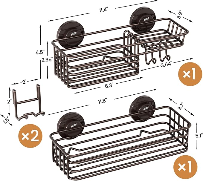 LEVERLOC Shower Caddy Suction Cup, 2 Pack Shelves for Inside with Hooks and Soap Organizer, NO-Drilling Bathroom Holder, Rust