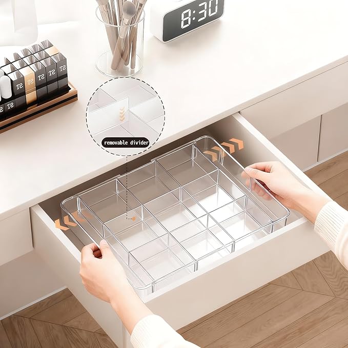 Acrylic Expandable Desk Drawer Organizer with 11 Adjustable Compartments and 6 Removable Dividers Desk Accessories for Office