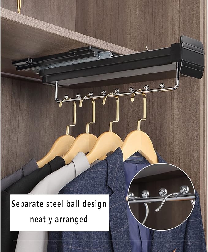 Pull Out Closet Clothes Rail, Extendable Hanging Rod Double Ball Sliding Rail, Adjustable Top Mount Wardrobe Organizer Rack H