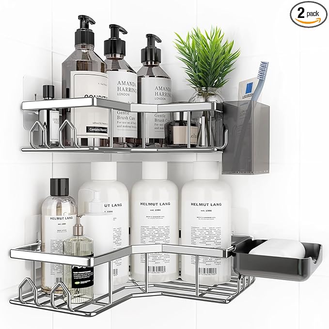 Adhesive Shower Caddy, 4 Pack Corner Bath Organizer, Rustproof Stainless Steel Shower Shelves with Large Capacity, No Drillin