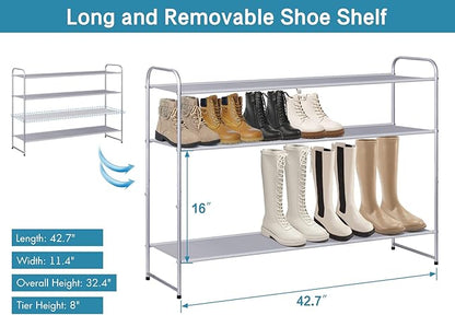 KIMBORA Long Shoe Rack for Closet, 30 Pairs Stackable Shoe Storage Organizer Wide 4 Tier Sneaker Shelf for Bedroom Floor (Gre