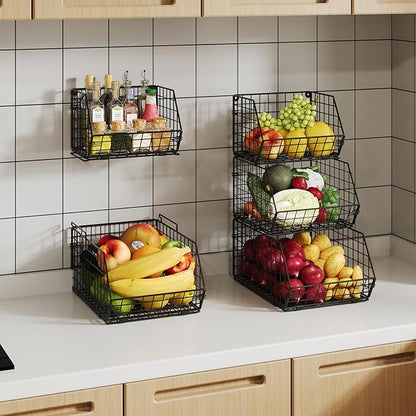 2-Tier Stackable Wire Baskets for Counter, Potato and Onion Storage Bin, Fruit and Vegetable Storage Bins with Ventilated Mes