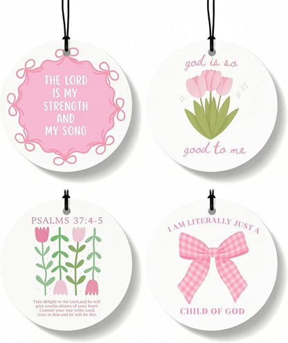 Pink Christian Round Citrus Car Air Freshener 4 Pcs, Pink Coquette Bow Tulip Floral Hanging Air Freshener for Cars Bathroom D