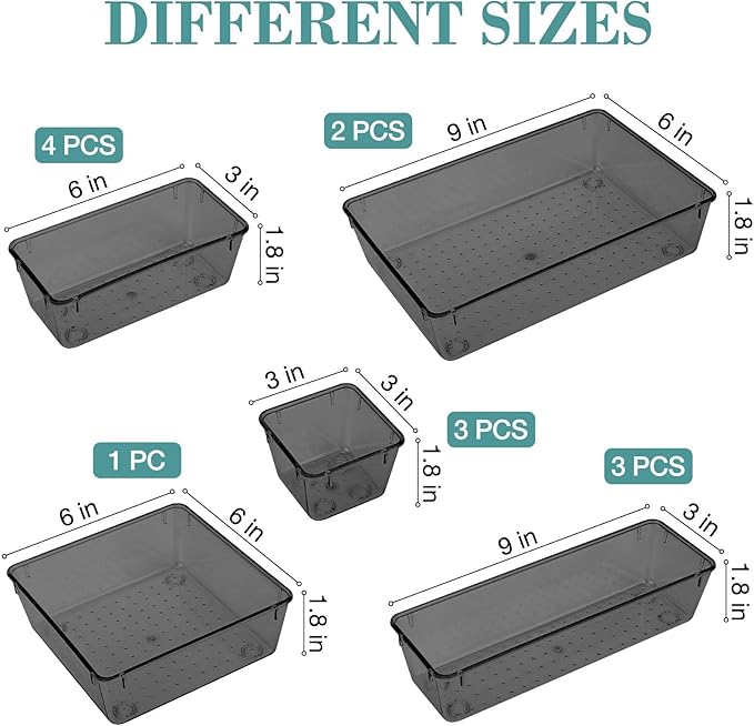 StorMiracle 13 PCS Drawer Organizer Set, 5 Varied Size Bathroom and kitchen Drawer cabinet organizer Trays, Clear Storage Bin