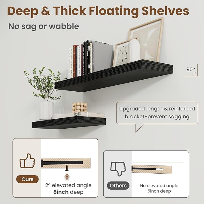 30 Inch Floating Shelves for Wall, 8 Inch Deep Floating Shelf for Storage & Display, Rustic Wall Mounted Shelf with Invisible