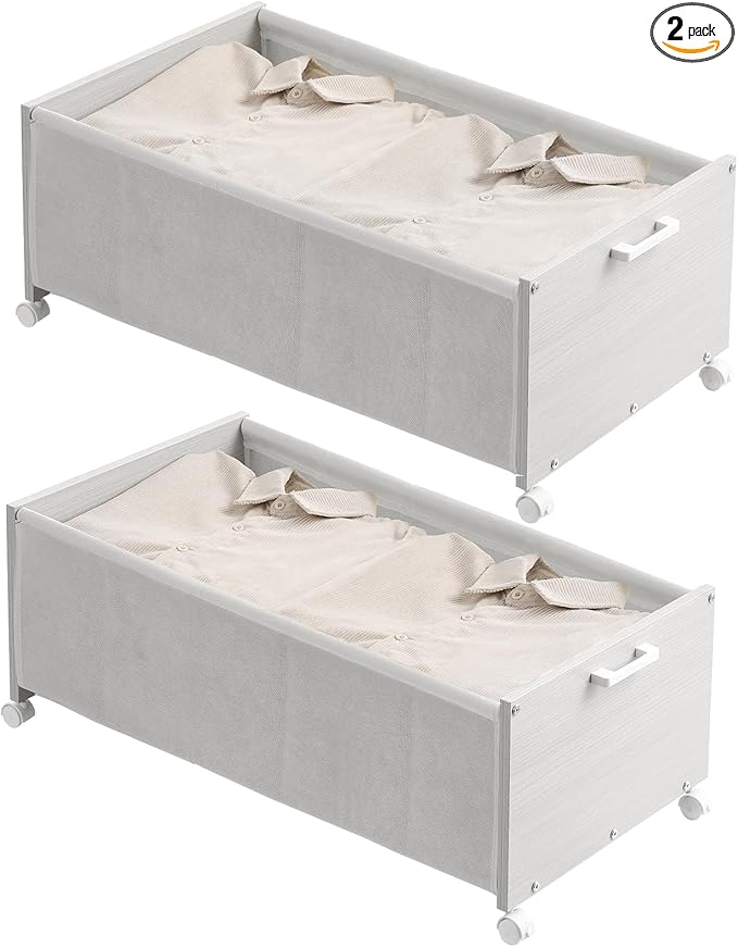 Under Bed Storage with Wheels, Wooden Under Bed Drawers On Wheels, Rolling Under Bed Shoe Storage, Space Saving,White,Quadrup